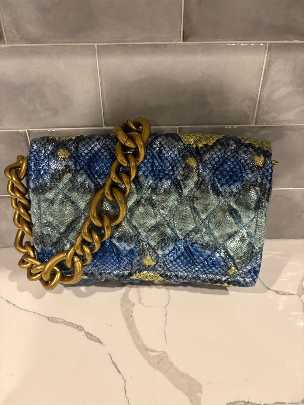 Montana West Quilted Blue & Green Snake-Print Chain Shoulder Bag